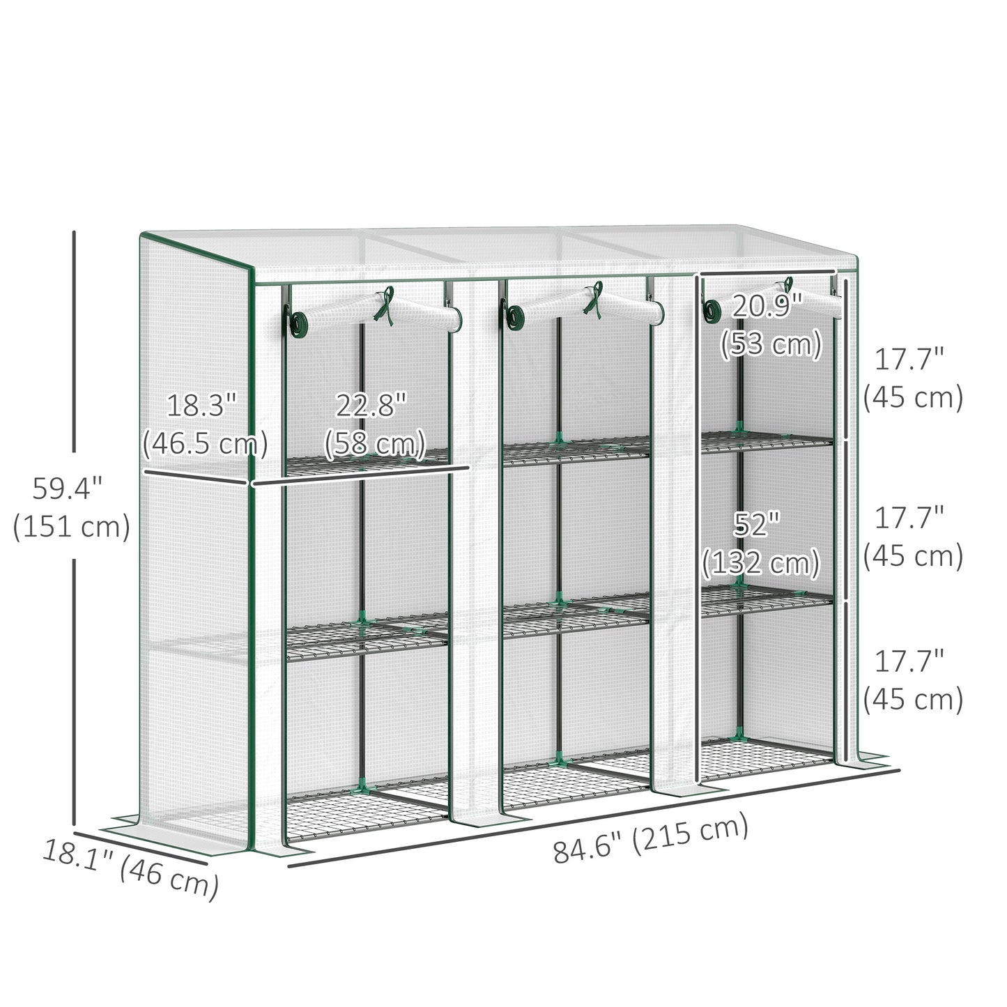 Outsunny Lean-to Greenhouse with 3 Tier Shelves, Mini Greenhouse with 3 Roll-Up Doors for Indoor Outdoor, Green