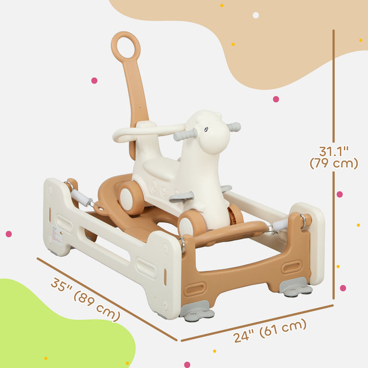 Qaba 5 in 1 Rocking Horse for Toddlers 1-6 Years with Balance Board, Push Handle, 4 Smooth Wheels, Brown