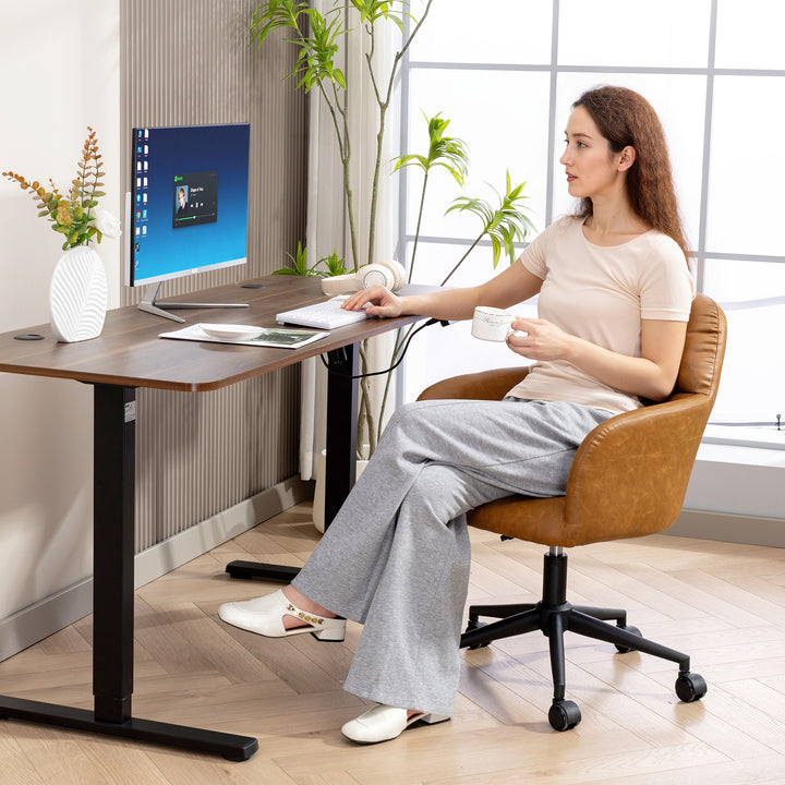 HOMCOM Swivel Office Chair, Faux Leather Desk Chair with Adjustable Height for Living Room, Bedroom, Study, Brown