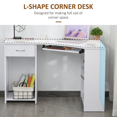 HOMCOM 47" L-Shaped Desk with Keyboard Tray, Computer Corner Desk for Small Space with Shelves, Drawer, CPU Stand, Home Office Writing Table, White