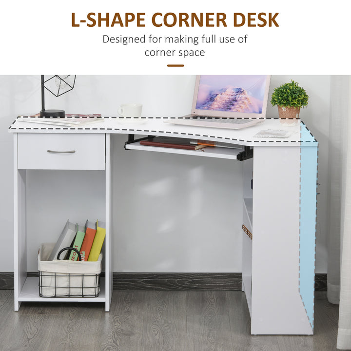 HOMCOM 47" L-Shaped Desk with Keyboard Tray, Computer Corner Desk for Small Space with Shelves, Drawer, CPU Stand, Home Office Writing Table, White