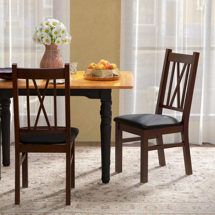 HOMCOM Farmhouse Dining Table Chairs Set of 2, Pine Wood Kitchen Table Chairs with PU Leather Cushion for Living Room, Bedroom
