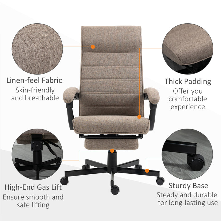Vinsetto Office Chair, Linen High Back Computer Desk Chair, Swivel Recliner with Adjustable Height, Footrest and Padded Armrest, Brown