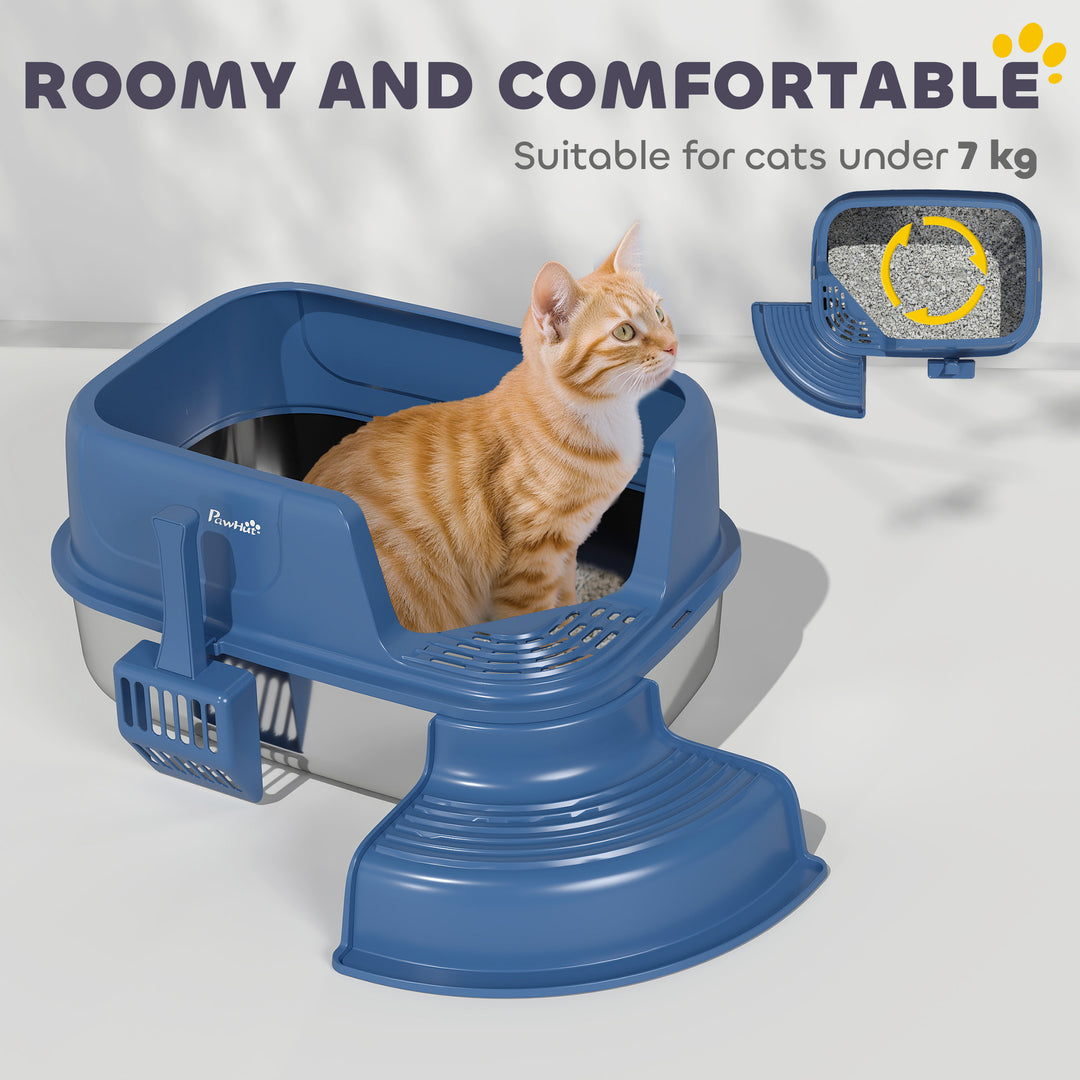 PawHut Stainless Steel Cat Litter Box, Cat Litter Box with High Side and Scoop, Anti-Leakage, Easy to Clean, Navy Blue