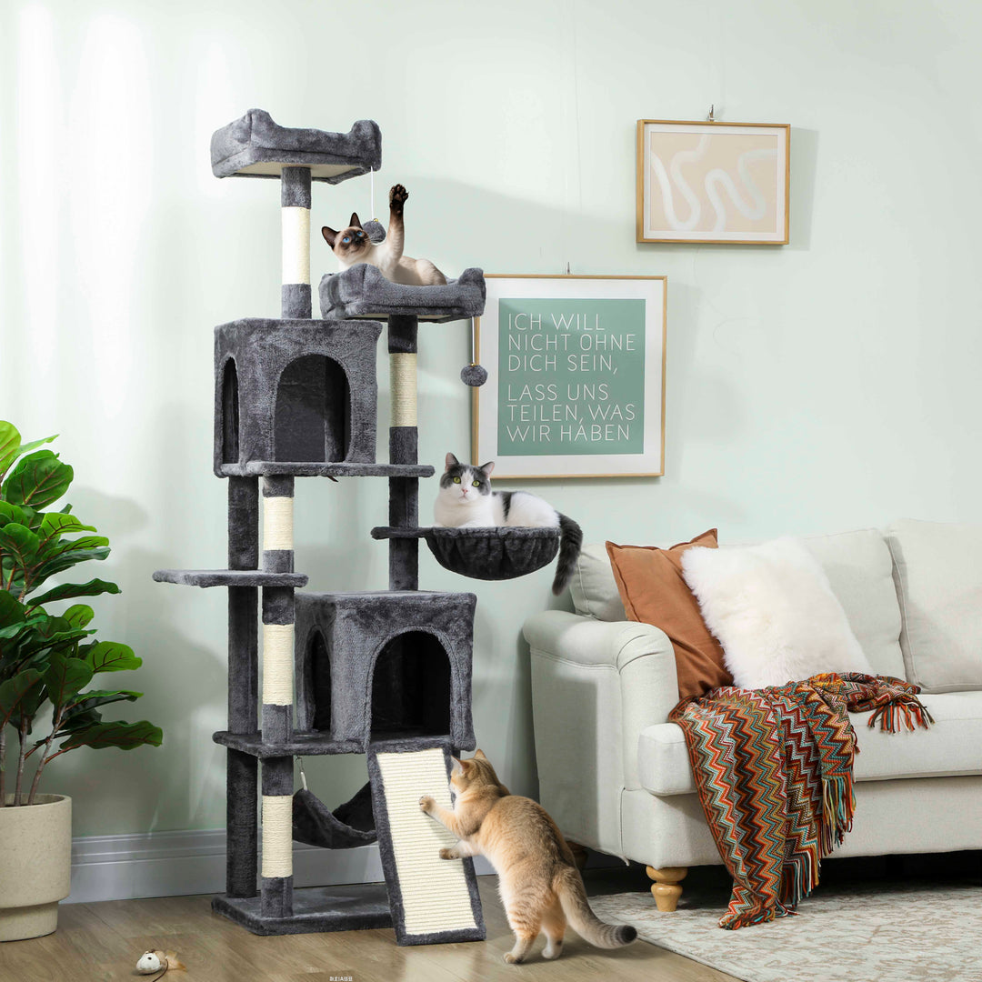 PawHut Cat Tree, 70" Multi-Level Cat Tower with 2 Condos, 2 Perches, Hammock, Toy Balls, Scratching Posts and Board, Green
