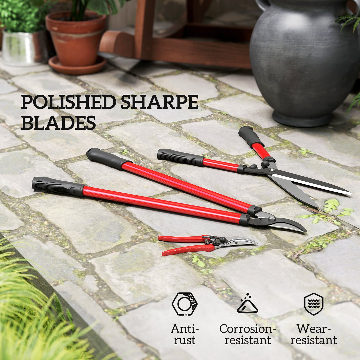 Outsunny 3 Pcs Pruning Shears Set with Hedge Shears, Lopper and Garden Secateurs, Garden Scissors Pruners for Gardening