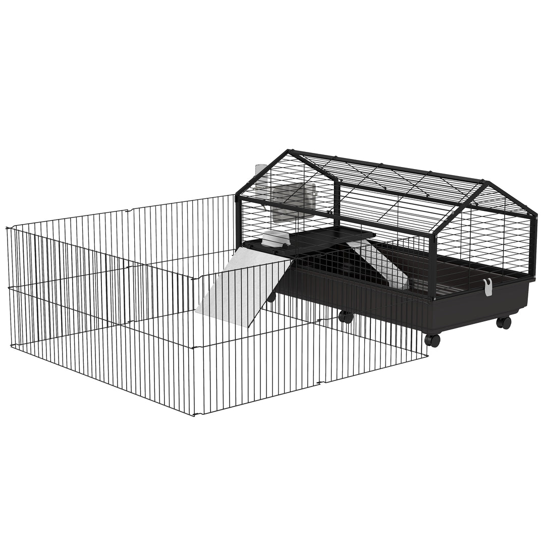 PawHut Metal Small Animal Cage, Rabbit Cage for Guinea Pig Chinchilla Hedgehog Bunny with Removable Wheels and Foldable Detachable Run Fence, 34.6" L x 50.6" W x 22" H