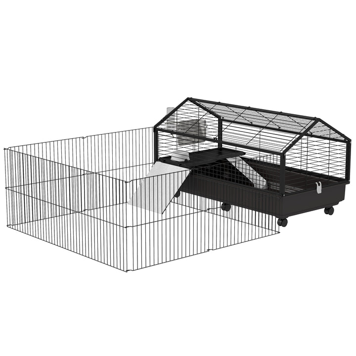 PawHut Metal Small Animal Cage, Rabbit Cage for Guinea Pig Chinchilla Hedgehog Bunny with Removable Wheels and Foldable Detachable Run Fence, 34.6" L x 50.6" W x 22" H