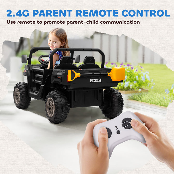 Aosom 12V Ride on Car with Electric Bucket, Two-Seater, Shovel, Remote Control, Spring Suspension, Horn, Music, Red