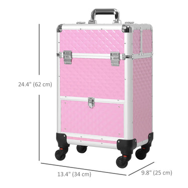 HOMCOM Portable Aluminum Makeup Train Cases, Rolling Makeup Case, Salon Beauty Cosmetic Jewelry Organizer Trolley with 4 Wheels, Pink