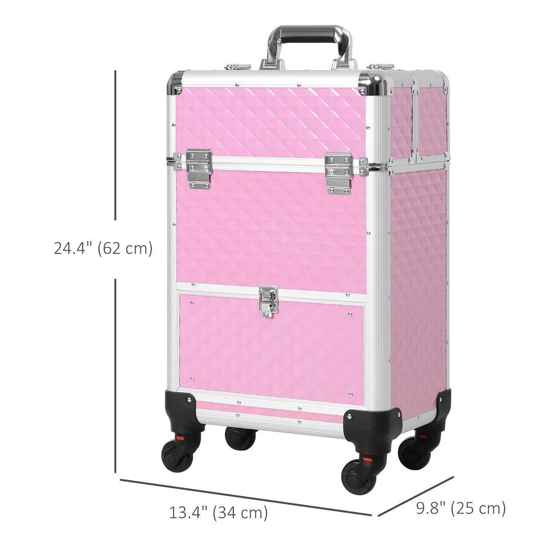 HOMCOM Portable Aluminum Makeup Train Cases, Rolling Makeup Case, Salon Beauty Cosmetic Jewelry Organizer Trolley with 4 Wheels, Pink