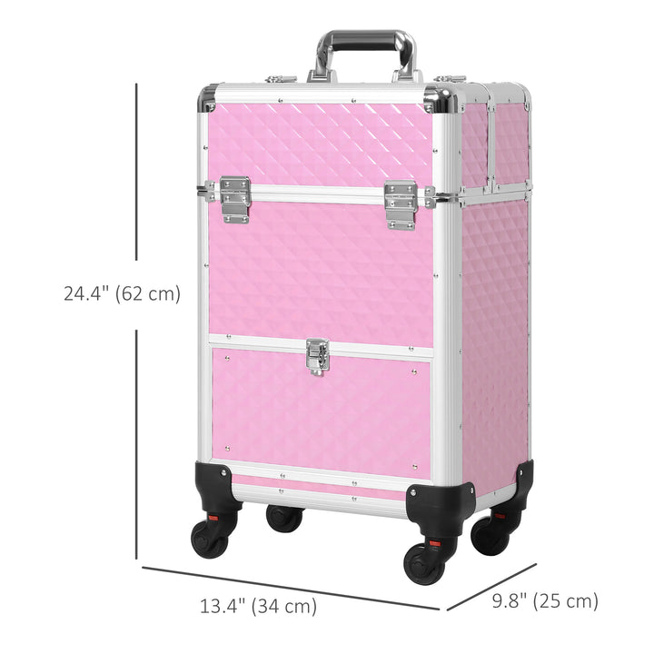 HOMCOM Portable Aluminum Makeup Train Cases, Rolling Makeup Case, Salon Beauty Cosmetic Jewelry Organizer Trolley with 4 Wheels, Pink