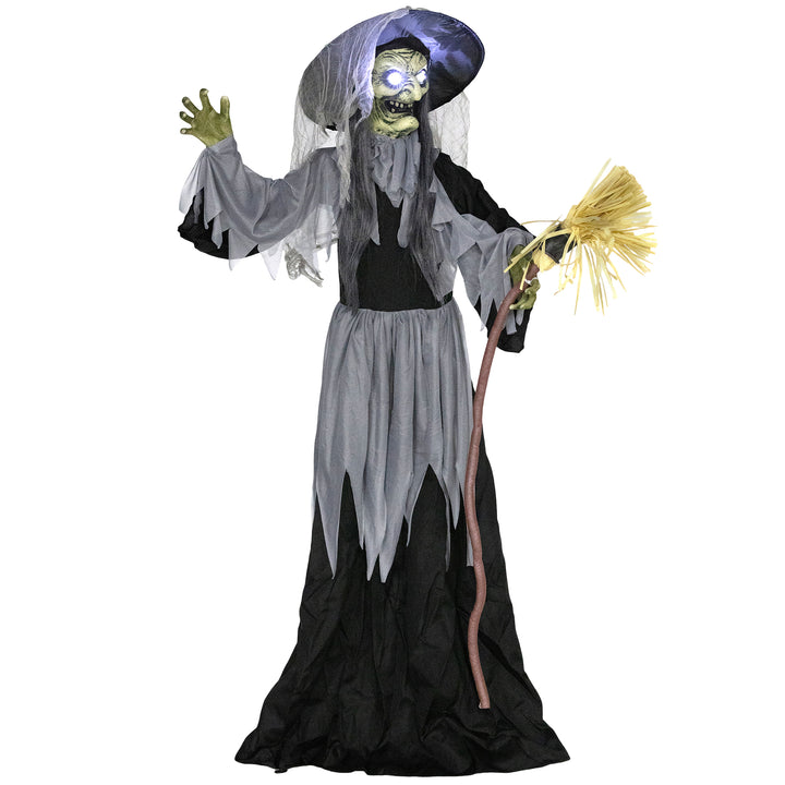 Outsunny Animatronics Standing Witch, Voice-Activated Prop, Spinning Head & Flashing Eyes, Easy Setup Indoor, Black