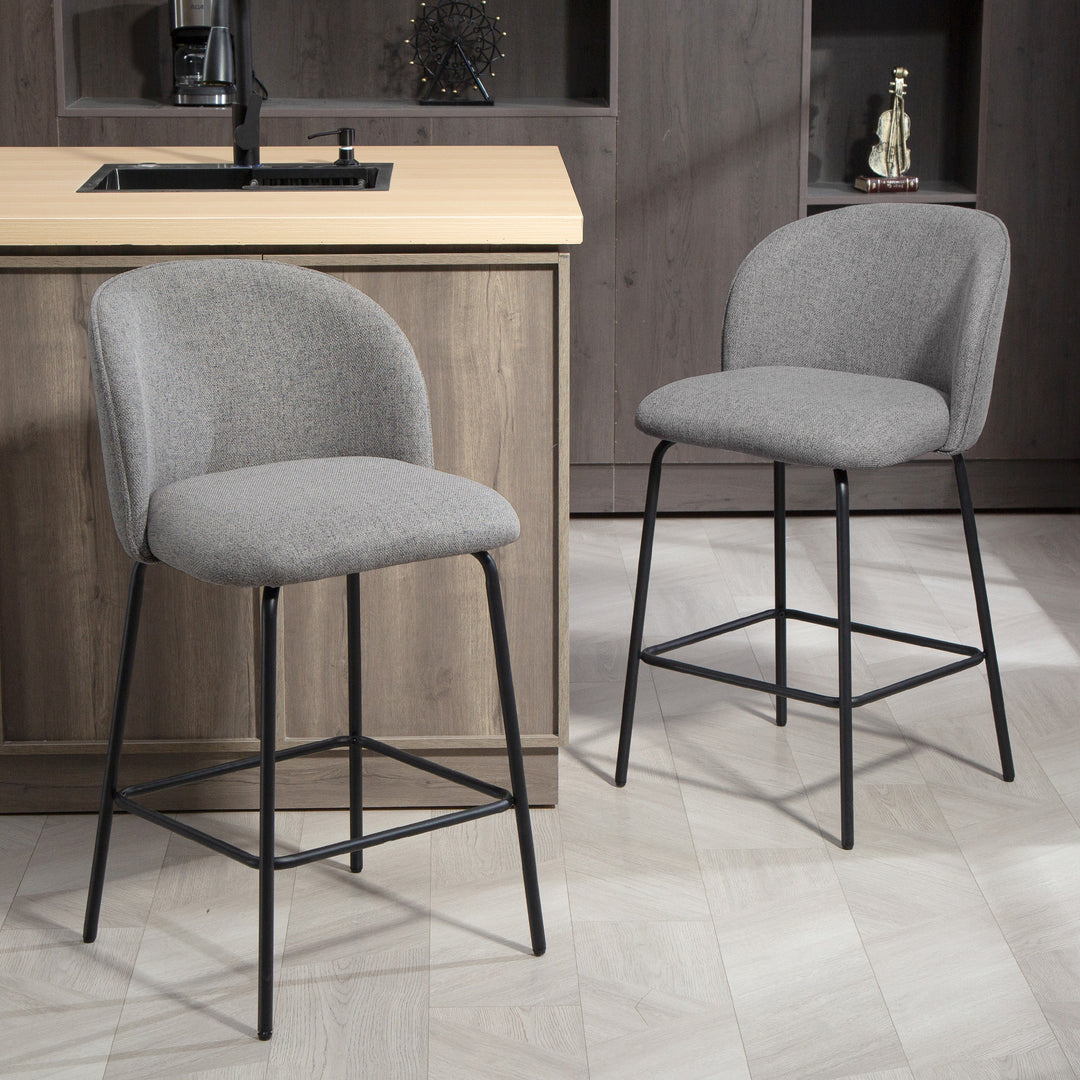 HOMCOM Set of 2 Counter Height Barstools, Upholstered Linen Bar Stools with Backrest, Footrest and Steel Legs, Dark Grey