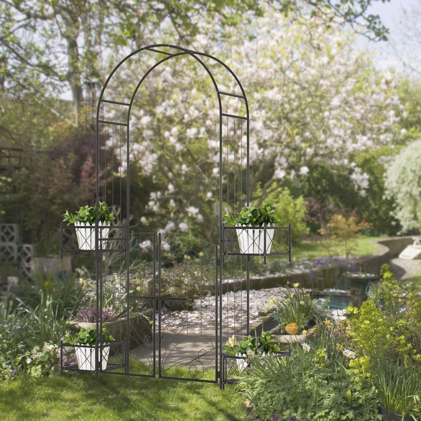 Outsunny 7.2FT Metal Garden Arbor Arch with Double Doors, 2 Side Planter Baskets, Climbing Vine Frame, Black