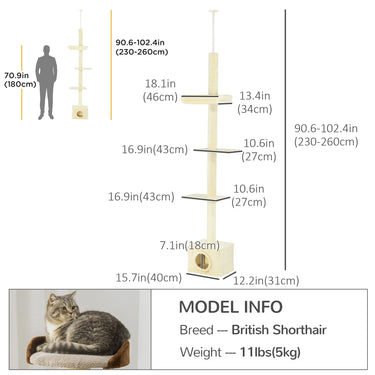 PawHut Floor to Ceiling Cat Tree with Scratching Post for Indoor Cats, Adjustable Height Cat Tower (91-102 Inches) with House, Bed, Beige