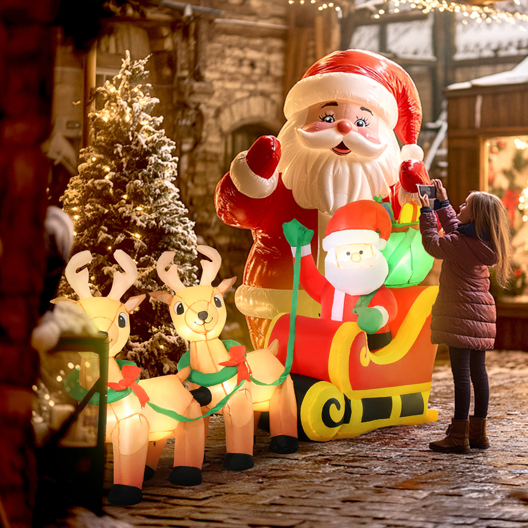 HOMCOM 8ft Christmas Inflatables Santa Claus with Sleigh and Reindeer, Outdoor Decoration with LED Lights Display