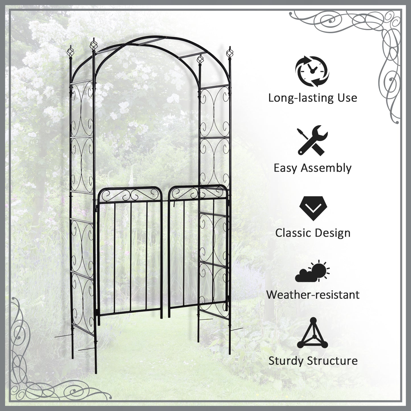 Outsunny 7.2FT Metal Garden Arbor Arch with Double Doors, 2 Side Planter Baskets, Climbing Vine Frame, Black