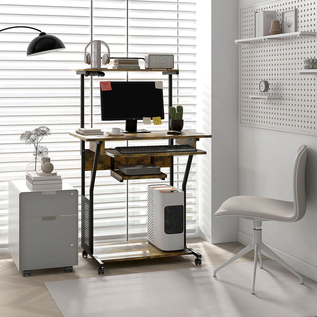 HOMCOM 32" Mobile Computer Table, Rolling Study Desk for Home Office with Keyboard Tray, Storage Shelves, Wheels, Rustic Brown