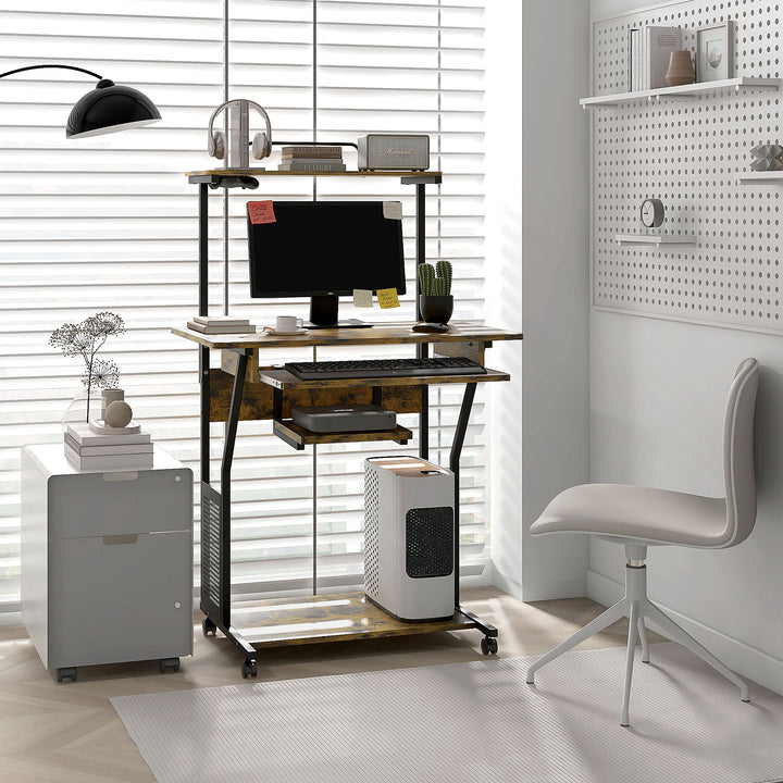 HOMCOM 32" Mobile Computer Table, Rolling Study Desk for Home Office with Keyboard Tray, Storage Shelves, Wheels, Rustic Brown