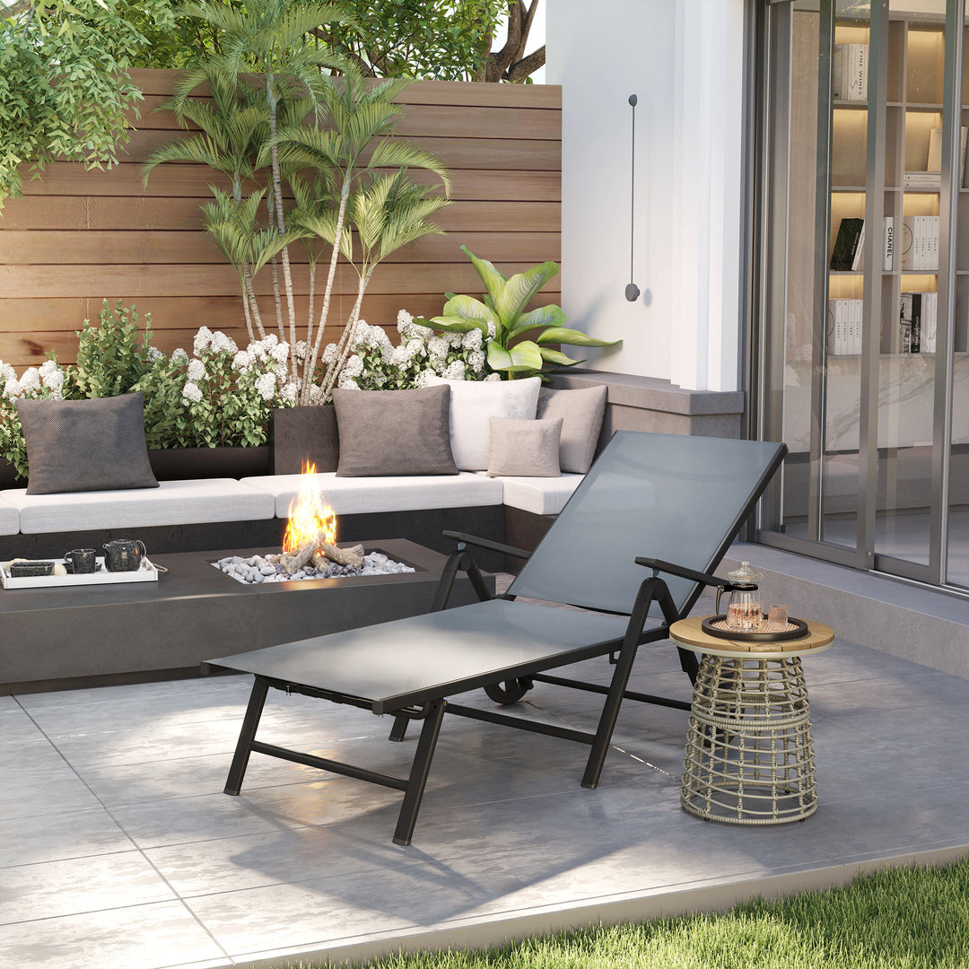 Outsunny Outdoor Lounge Chair, 5-Level Adjustable Folding Chaise Chair with 2 Wheels for Backyard, Beach, Poolside, Grey