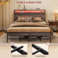 HOMCOM Queen Size Bed Frame with LED Lights and Charging Station, Queen Bed Frame with Storage Headboard, Noise-Free, Walnut