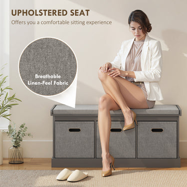 HOMCOM Shoe Storage Bench with Seat, Entryway Bench Seat with Cushion, 3 Fabric Drawers for Hallway, Grey