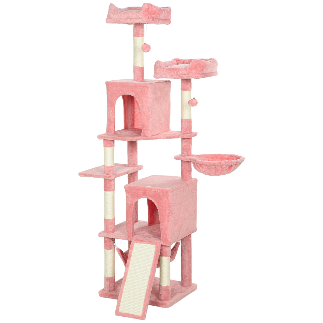 PawHut Cat Tree, 70" Multi-Level Cat Tower with 2 Condos, 2 Perches, Hammock, Toy Balls, Scratching Posts and Board, Green