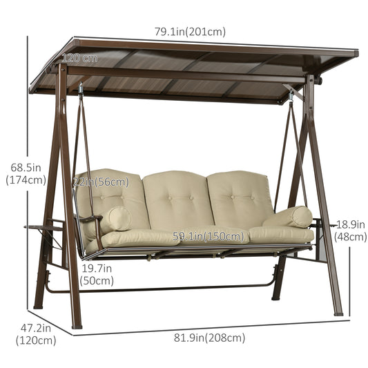 Outsunny 3-Seat Patio Swing Chair, Outdoor Canopy Swing Glider with Cushion, Pillows and Adjustable Polycarbonate Canopy for Porch, Garden, Poolside, Backyard, Khaki