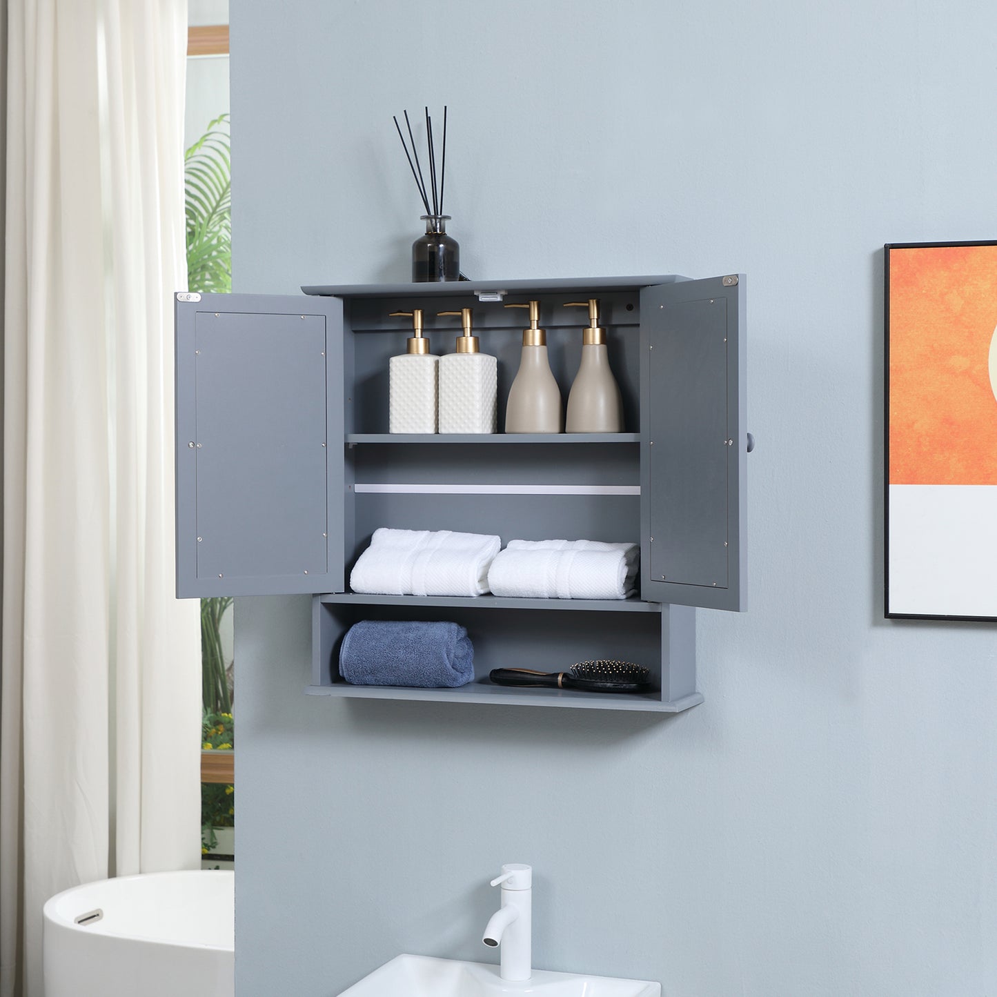 kleankin Medicine Cabinet, Wall-Mounted Bathroom Mirror Cabinet with Double Doors, Open Shelf, and Adjustable Shelf, Modern Bathroom Wall Cabinet, White