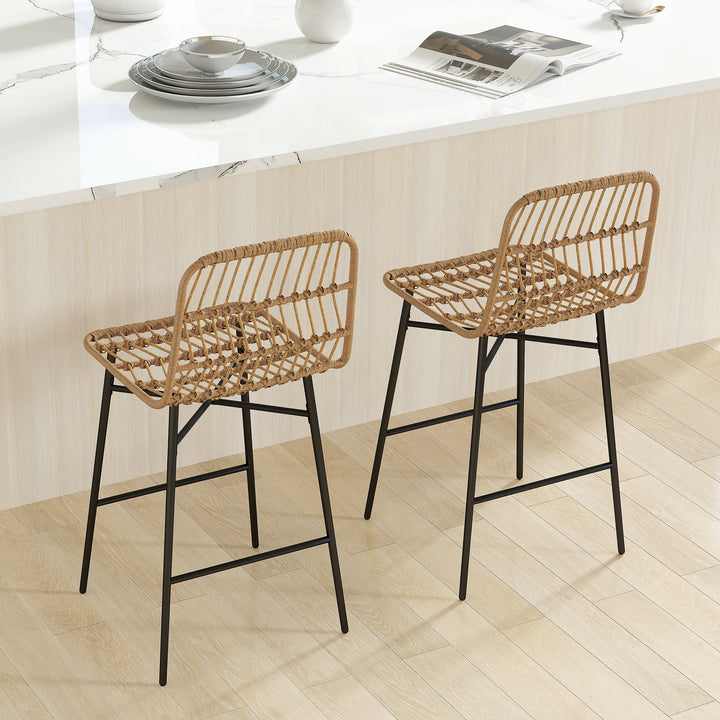 HOMCOM Rattan Counter Height Bar Stools Set of 2, 26" Counter Stools with Back, Modern Bar Chairs for Kitchen Island, Brown