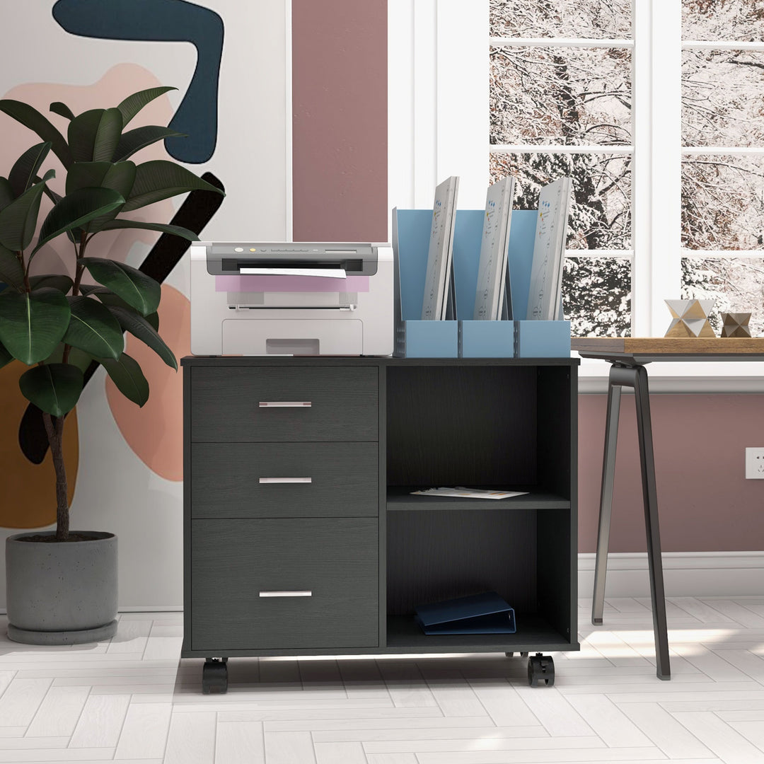 HOMCOM Modern Lateral Filing Cabinet, 3 Drawer File Cabinet for Letter and A4 Size Documents, Mobile, Printer Stand with Open Shelves, Rolling Wheels, White