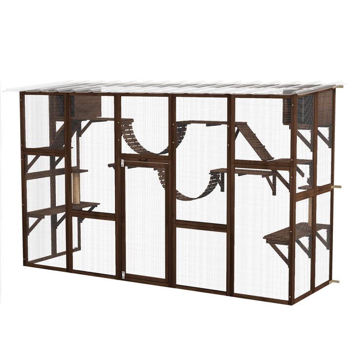PawHut Large Outdoor Catio with Condos, Platforms, Doors, Ladders, Weather-Resistant Roof, Espresso