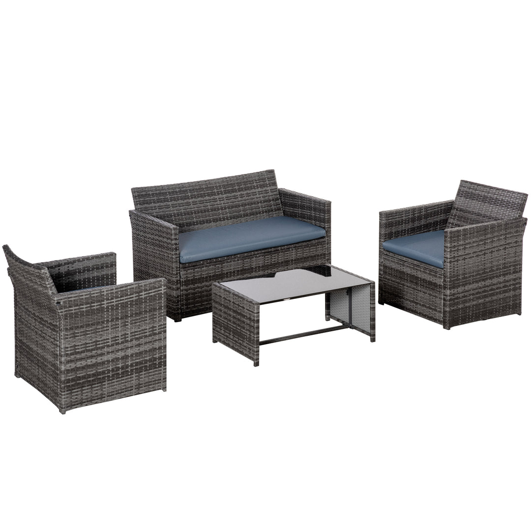 Outsunny 4 Pieces Patio Furniture Set with Cushions, Outdoor PE Rattan Wicker Conversation Garden Sofa Set with 2-Seater Chairs & Glass Coffee Table, Grey
