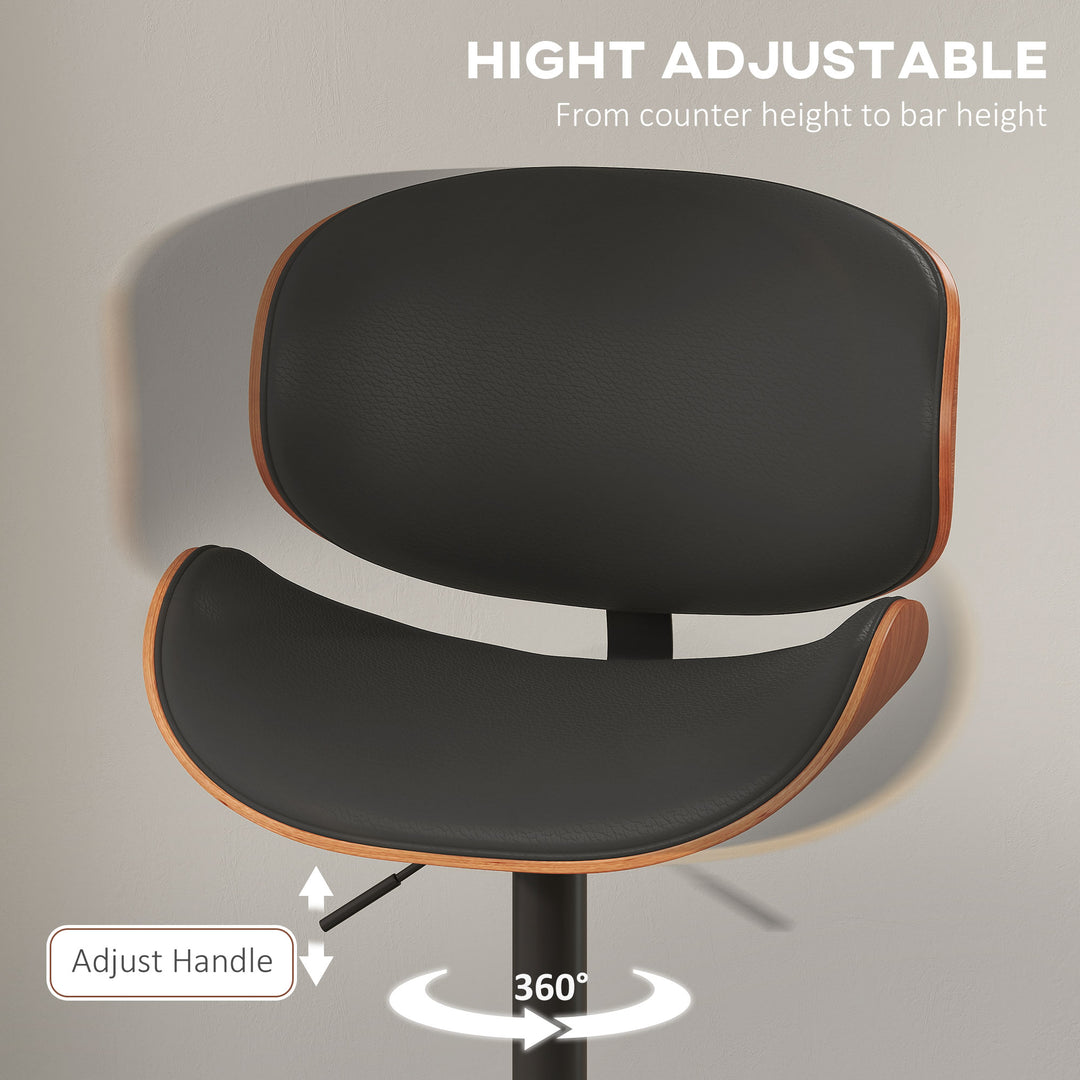 HOMCOM Bar Stools Set of 2, Modern PU Leather Adjustable Swivel Barstools with Curved Back, Footrest and Steel Base, Black