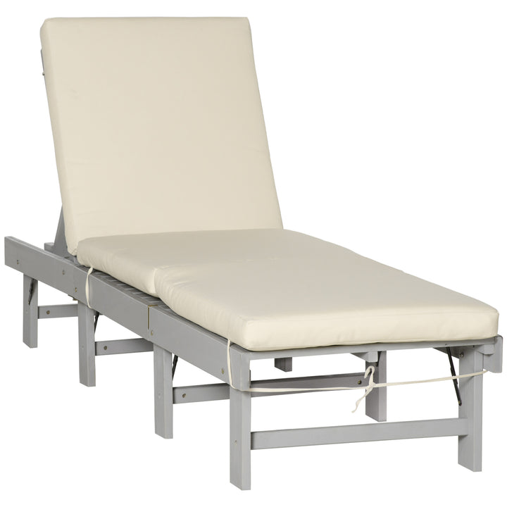 Outsunny Wooden Folding Chaise Lounge, Outdoor Chaise Lounge Chair, Garden Reclining Tanning Chair with 4 Adjustable Back Soft Cushions, White