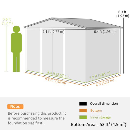 Outsunny 9.1'x6.4'x6.3' Garden Storage Shed w/ Floor Foundation Metal Tool Storage House w/ Double Doors Dark Grey Yellow
