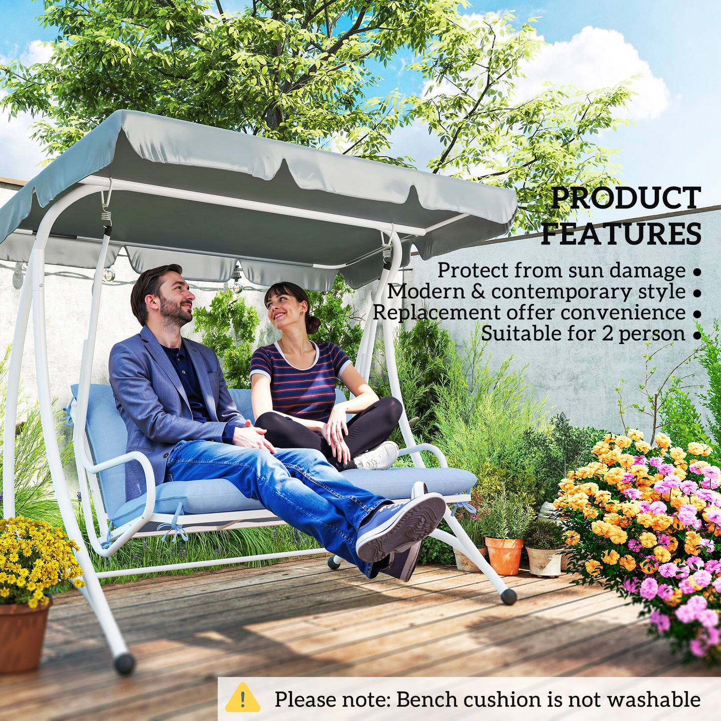 Outsunny 2 Seater Garden Bench Cushion, Thick Outdoor Non-Slip 2 Seater Soft Pad With Backrest for Garden Patio, 52" x 43" x 4", Dark Grey