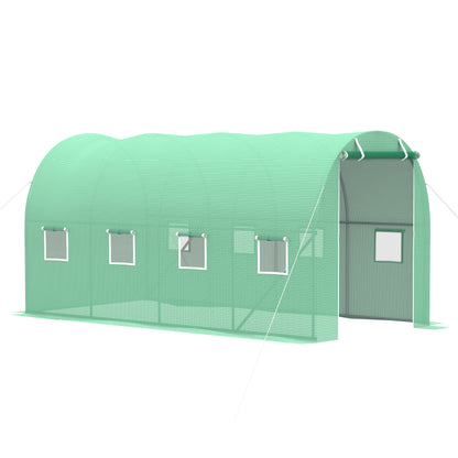 Outsunny Walk-in Tunnel Greenhouse, 13 x 6.4 x 6.5 ft Hoop House with Zipped Roll-Up Door and 8 Mesh Windows, Outdoor Greenhouse with Galvanised Steel Frame, Green