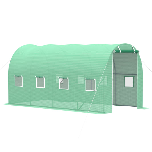 Outsunny Walk-in Tunnel Greenhouse, 13 x 6.4 x 6.5 ft Hoop House with Zipped Roll-Up Door and 8 Mesh Windows, Outdoor Greenhouse with Galvanised Steel Frame, Green