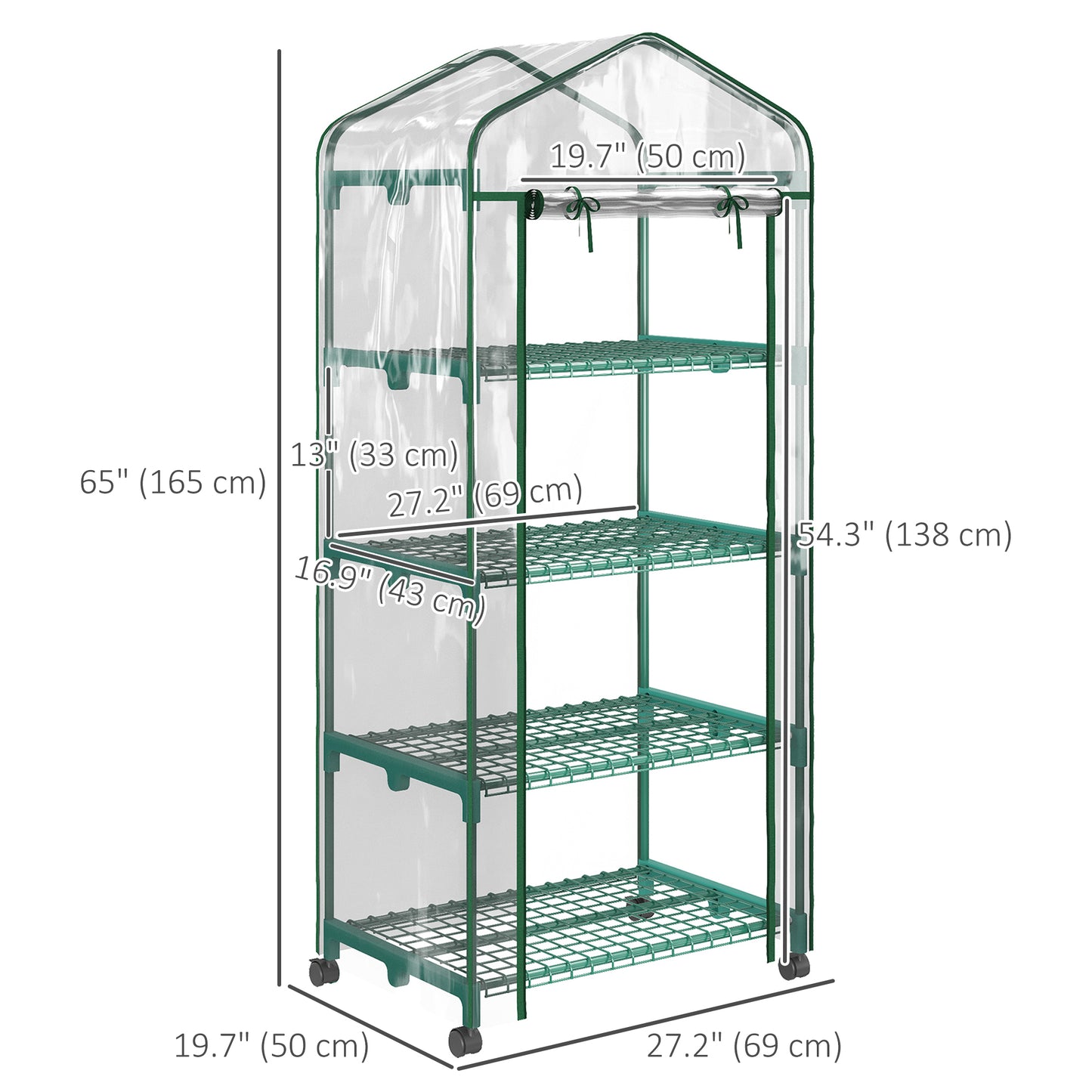 Outsunny 27" x 20" x 65" Portable Greenhouse with 4 Tier Shelves and Wheels, Outdoor Hot House Plant Flower Greenhouse, Steel Frame, Plastic Cover, Clear