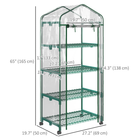 Outsunny 27" x 20" x 65" Portable Greenhouse with 4 Tier Shelves and Wheels, Outdoor Hot House Plant Flower Greenhouse, Steel Frame, Plastic Cover, Clear