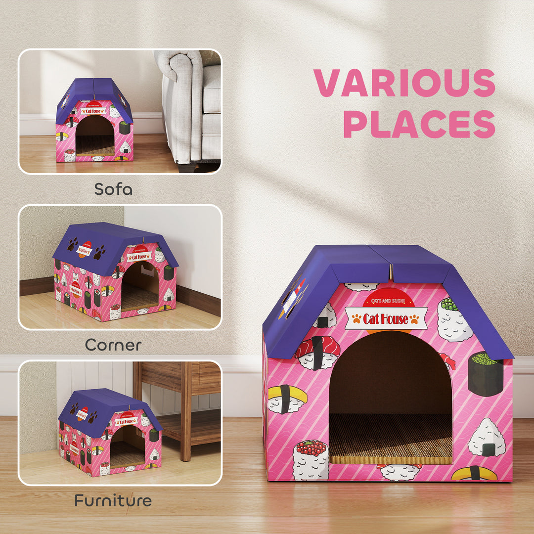 PawHut Cat Scratcher House, 2-in-1 Cardboard Cat Scratching Pad with Door, 4 Paw-Shaped Vents and Grass for Indoor, Pink