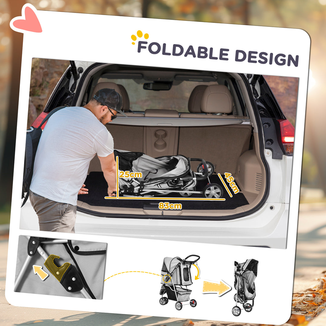 PawHut 3 Wheels Foldable Dog Stroller with Storage Basket, Adjustable Canopy, Cupholder for Miniature and Small Dogs, Red