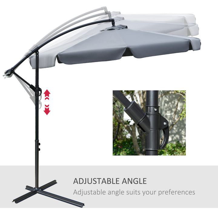 Outsunny 9FT Offset Hanging Patio Umbrella Cantilever Umbrella with Easy Tilt Adjustment, Cross Base and 8 Ribs for Backyard, Poolside, Lawn and Garden, White