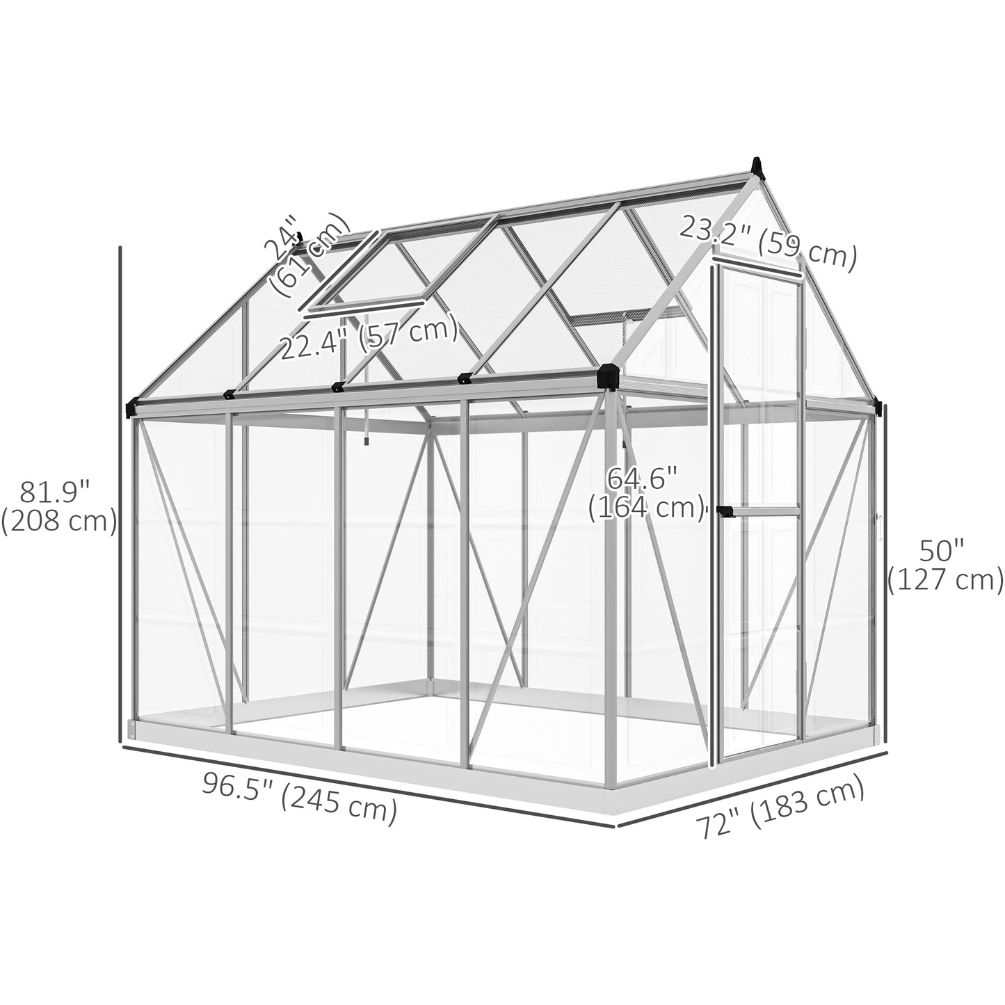 Outsunny 6' x 8' Walk-in Polycarbonate Greenhouse Aluminium Green House with 2 PC Panel Types, 5-Level Roof Vent, Rain Gutter