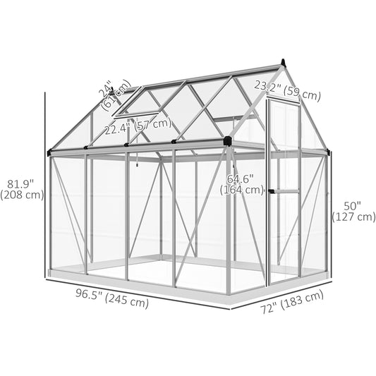 Outsunny 6' x 8' Walk-in Polycarbonate Greenhouse Aluminium Green House with 2 PC Panel Types, 5-Level Roof Vent, Rain Gutter