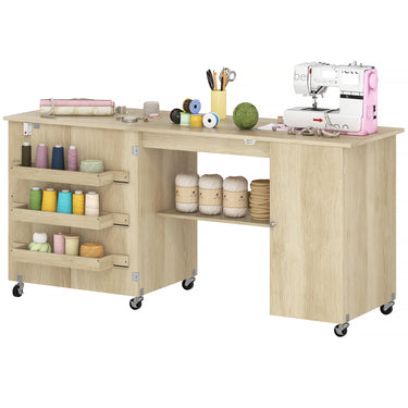HOMCOM Sewing Machine Table with Drop Leaf, Folding Craft Table with 2 Doors and Adjustable Shelf for Small Spaces, Natural