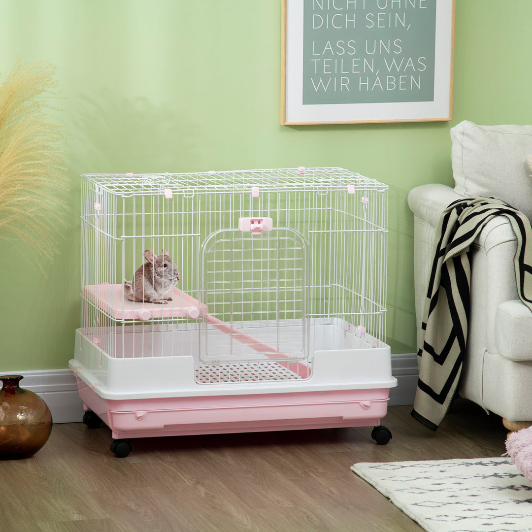 PawHut 32"L 2-Level Small Animal Cage with Universal Lockable Wheels, Pink