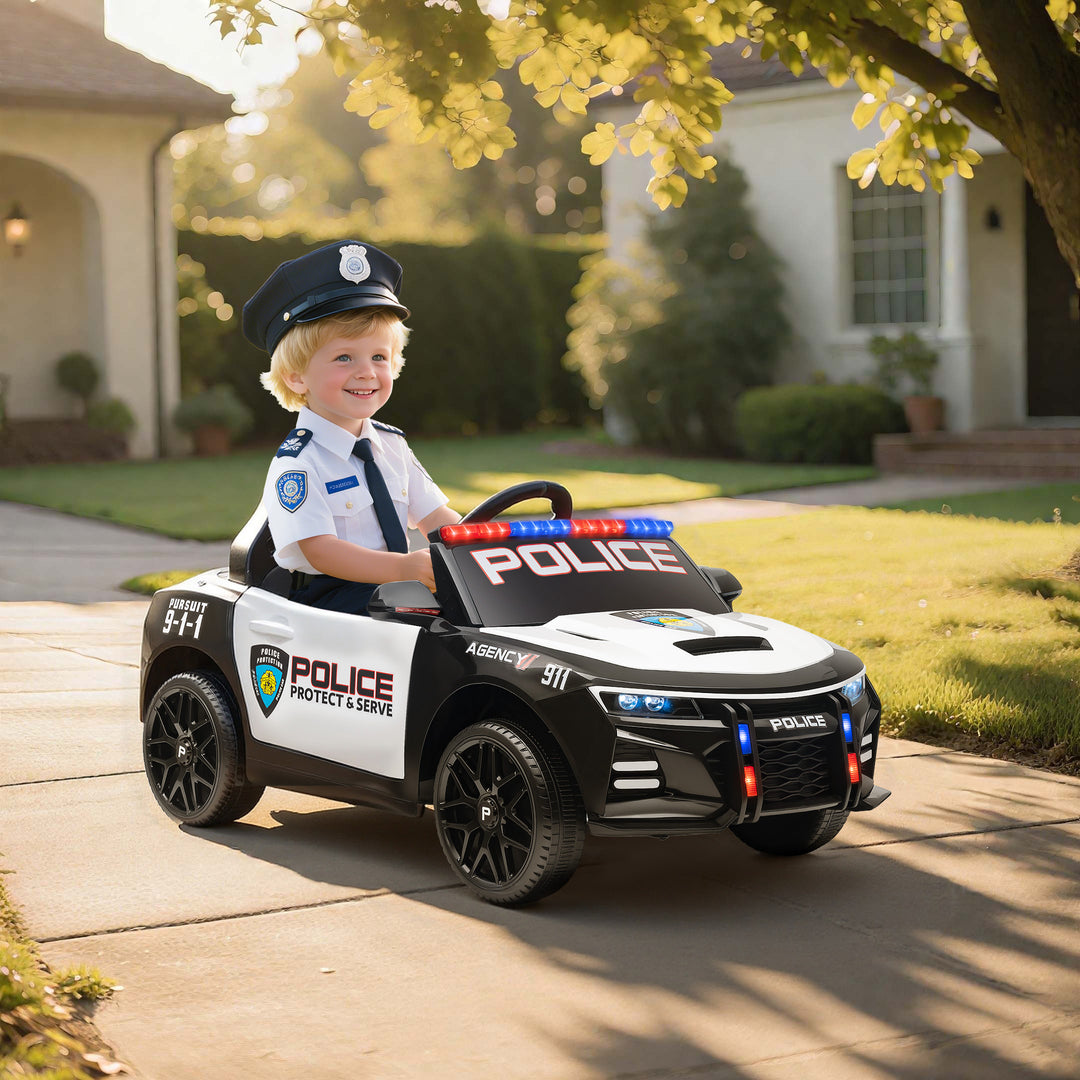 Qaba Kids Electric Ride on Police Car with Remote Control, Sirens, Flashing Lights, Music, Horn, Shock Absorbers, White